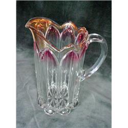 WEB HANDPAINTED CASED GLASS VASE WITH A FLORAL MOTIF IN A FOUR FOOTED OPENWORK METAL STAND. 12".