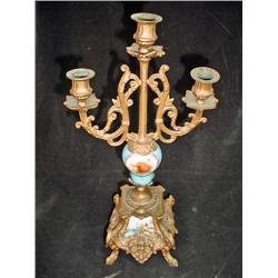 THREE LIGHT BRONZE AND HANDPAINTED PORCELAIN CANDELABRA DEPICTING A BEAUTIFUL SCENE. 15.5" X 4.5".