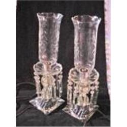 PAIR OF HANDCUT HAND ETCHED ELECTRIC LUSTER LAMPS WITH 12 PRISMS EACH AND HURRICANE SHADES. 20" TALL