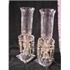 Image 1 : PAIR OF HANDCUT HAND ETCHED ELECTRIC LUSTER LAMPS WITH 12 PRISMS EACH AND HURRICANE SHADES. 20" TALL