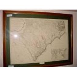 FRAMED AND MATTED OLD WORLD MAP OF NORTH CAROLLINA INDIAN FRONTIERS 29" X 38",