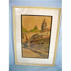FRAMED PEN AND INK OF MADRID STREET SIGNED BY ARTIST 18" X 12.5"