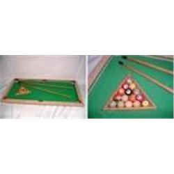 VINTAGE TOY BILLIARD TABLE WITH FELT TOP, 2 POOL CUES, RACK, AND BALLS. 29" X 16"