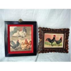 PAIR OF FRAMED PRINTS , ONE "POULTRY" BY WRIGHT 10" X 9", THE OTHER "TWO ROOSTERS" 8" 10".