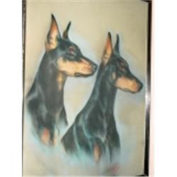 PASTELS OF DOBERMAN DOGS CIRCA 1960'S PROFESSIONAL PORTRAIT SIGNED BY SANCHEZ FRAMED UNDER GLASS 24"