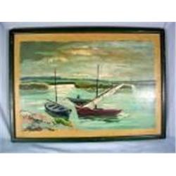 FRAMED OIL PAINTING ON BOARD "BOATS AT THE BAY". UNSIGNED. 23" X 17"