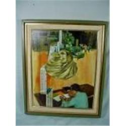 FRAMED AND MATTED OIL ON BOARD INDUSTRIAL AND ARCHITECTUAL THEME. 19.75" X 15.75".