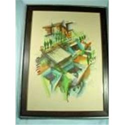 FRAMED AND MATTED WATERCOLOR UNDER GLASS BY R. LEPSY. 24.5" X 14".