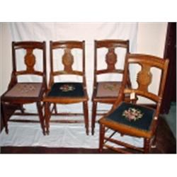 SET OF FOUR SOLID OAK EASTLAKE DINING ROOM CHAIRS DATED 1864 FINISHED WITH NEEDLEPOINT SEAT COVERS T