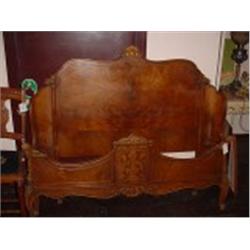 VICTORIAN STYLE HEAD AND FOOT BOARD, VERY ORNATE HAND CARVING, BIRDS-EYE MAPLE WITH INLAY. ORIGINAL 