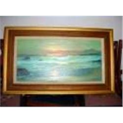 FRAMED AND MATTED OIL ON BOARD, SEASCAPE BY MIWA. KOIDE. 1970 23.5" X 38.5".