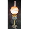 Image 1 : BRADLEY HUBBARD LAMP WITH HANDPAINTED CARAMEL SWIRL GLASS GLOBE WITH A MARBLE AND BRONZE BASE, AND G