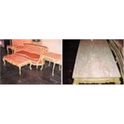 4 PC VICTORIAN SET INCLUDING SOFA, 2 END TABLES, MATCHING SOFA TABLE, PINK ITALIAN MARBLE TOPS. TABL