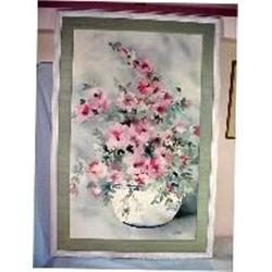 PAINTING OF FLORAL ARRANGEMENT ON SILK BY ARTIST MURILLO , FRAMED IN A WHITEWASH WOOD. 54" X 37".