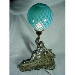 CAST ART NOUVEAU NUDE CONVERTED LAMP WITH BLUE ART GLASS GLOBE. 19"