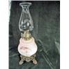 Image 1 : ANTIQUE OIL LAMP ON BRASS FOOTED BASE WITH HANDPAINTED MILKGLASS INSERT. HURRICANE SHADE INCLUDED. 1