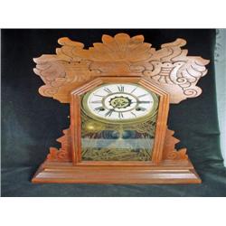 HAND CARVED MAHOGANY KITCHEN CLOCK WITH TIMER BY WATERBURY CLOCK CO. 22.25" X 15" X 4.75" FROM 1926.