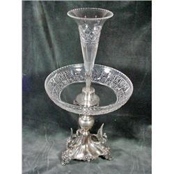 GRIFFINS HANDCUT AND HAND ETCHED EPERGNE WITH AN INTRICATE STAND OF SILVERPLATE DEPICTING THREE SWAN