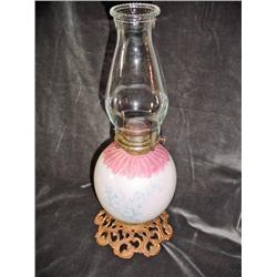 ANTIQUE WATERBURY MFG. CO. OIL LAMP ON CAST BASE WITH HANDPAINTED GLASS. 18" X 6".