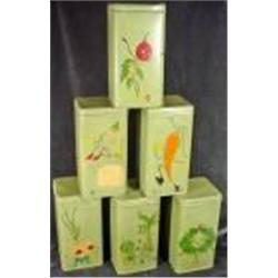 SET OF SIX HANDPAINTED CRACKER TINS 9" X 4.5" X 4".