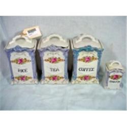 MEPOCO SET OF 4 CANNISTERS IN A COUNTRY FRENCH PATTERN, LABELED COFFEE, RICE, TEA, CINNAMON 7.5" X 5