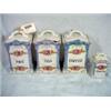 Image 1 : MEPOCO SET OF 4 CANNISTERS IN A COUNTRY FRENCH PATTERN, LABELED COFFEE, RICE, TEA, CINNAMON 7.5" X 5