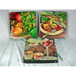 SERIES OF THREE OIL PAINTING ON WOOD BOARD SIGNED S. NELSON DEPICTING FOOD. 11" X 11".