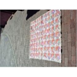 ANTIQUE QUILT WITH CANDY STRIPE BACKING IN A QUARTER FAN PATTERN 75"X60".