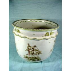 SIGNED AND MARKED ULMER CERAMIC JARDINAIRE HANDPAINTED IN MUTED GREENS ON CREAM BASE 11.5" X 14"