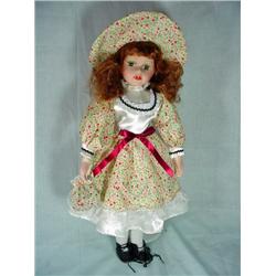 PORCELAIN DOLL IN COUNTRY DRESS AND HAT. 18".