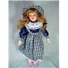 Image 1 : CERAMIC DOLL WITH PLAID DRESS 15". STAND INCLUDED.