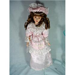 CERAMIC DOLL IN LONG DRESS WITH PEARLS. STAND INCLUDED. 21".
