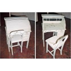 CHILD ROLL TOP DESK WITH CHAIR HANDPAINTED DATED 1962. 33" X 23" 17" DEEP WITH ROLLTOP AND CUBBIES, 