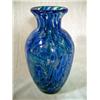 Image 1 : ANTIQUE ART GLASS VASE WITH VARIOUS SHADES OF BLUE PATTERNED THROUGHOUT. 10.5" X 5"