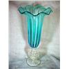 Image 1 : ANTIQUE TALL ART GLASS VASE IN TRANSLUSCENT BLUE WITH WHITE VERTICAL CANDY STRIPES. 14"