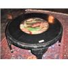Image 1 : VINTAGE ORIENTAL TABLE WITH LACQUER LIKE FINISH ON BLACK ROUND TABLE WITH REMOVABLE CARVED WOODEN LE