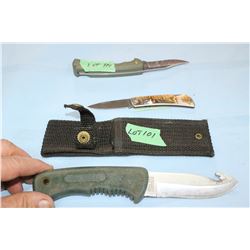 Schrade Hunting Knife, 4" Blade w/a Gut Hook and Sheath & 2 Lockback Pocket Knives