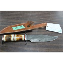 Damascus Bowie Knife, 7 1/4" Blade, Pommel & Guard, Stained Camel Bone Handle & Sheath