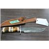 Image 1 : Damascus Bowie Knife, 7 1/4" Blade, Pommel & Guard, Stained Camel Bone Handle & Sheath