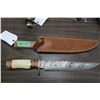 Image 1 : Damascus Bowie Knife w/10" Blade, Camel Bone Handle, Damascus Guard & Pommel and Sheath