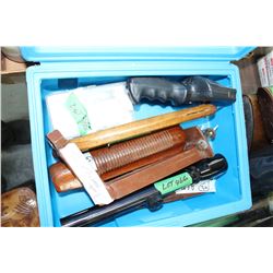 Blue Plastic Carry Box w/ 2 Shotgun Fore-ends; 2 - 22 Scopes; Sling Shot; Small Screwdrivers; a Camp