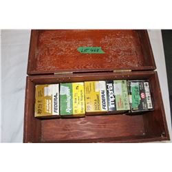 Wooden Storage Box w/5 Boxes of 20 ga. Shotgun Shells - Both 2 3/4 and 3"
