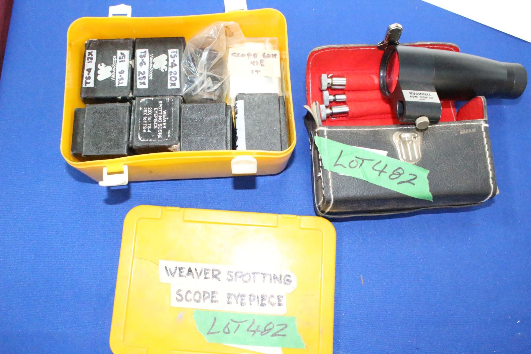 Yellow Box w/Weaver Scope Eye Pieces & a Bushnell Bore Sighter
