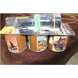 3 Remington Collector Tins & a 3 Battery Flashlight
