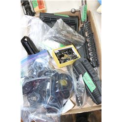 Flat of Misc. Gun Parts:  Stripper Clips; Shotgun Fore-End; Screws; Sling Swivels; Mossberg 88 Pisto