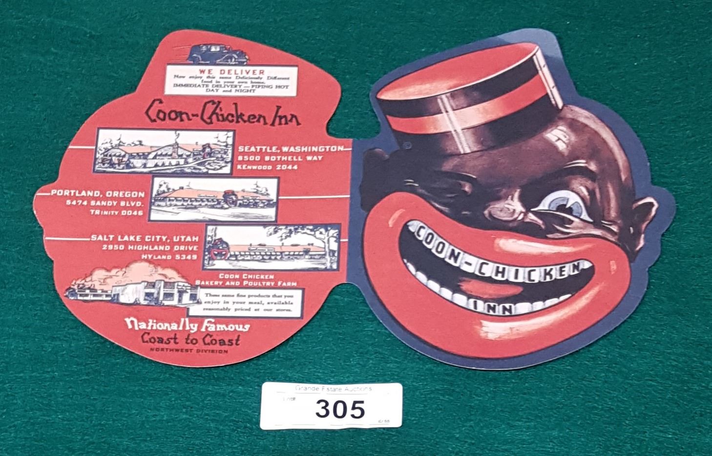 VINTAGE 1940'S BLACK AMERICANA COON-CHICKEN INN MENU