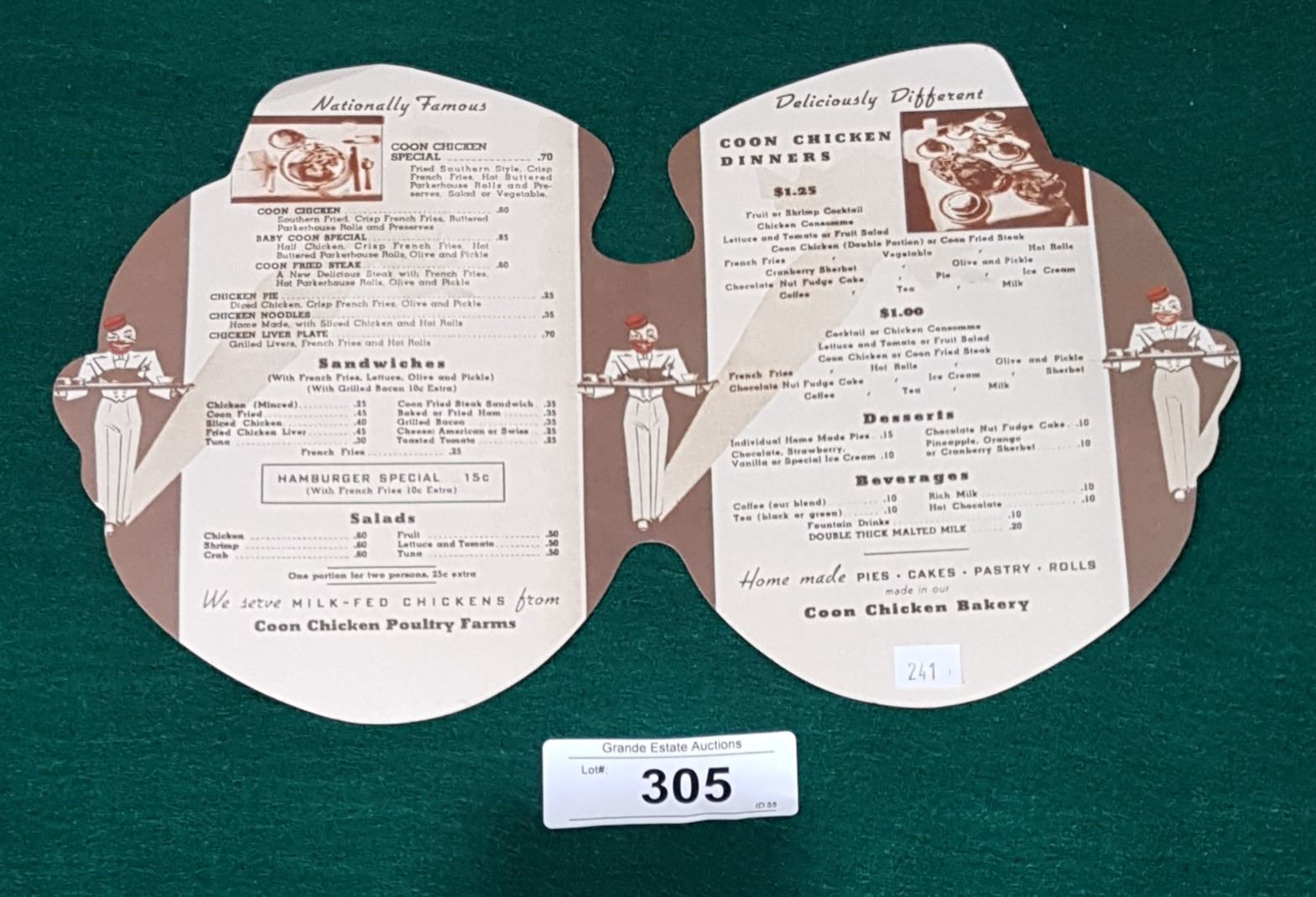 VINTAGE 1940'S BLACK AMERICANA COON-CHICKEN INN MENU