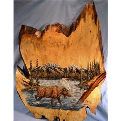 Waddoups, R. Wayne, Moose In Lake, wood carving/ etching, 32" h x 42" w