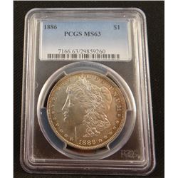 2 Morgan dollars: 1886 P,  PCGS MS 63 and 1886 P, PCI MS 62