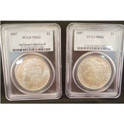 3 Morgan dollars: 2 x 1887 Morgan dollar, both PCGS MS 62;  1887 S  NGC AU 58